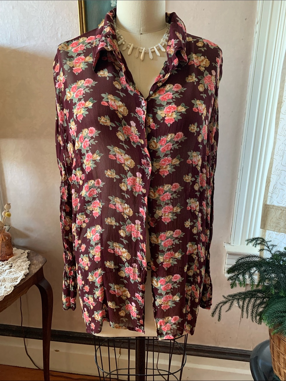 Vintage 90’s Sheer Floral Button-Up Shirt Blouse